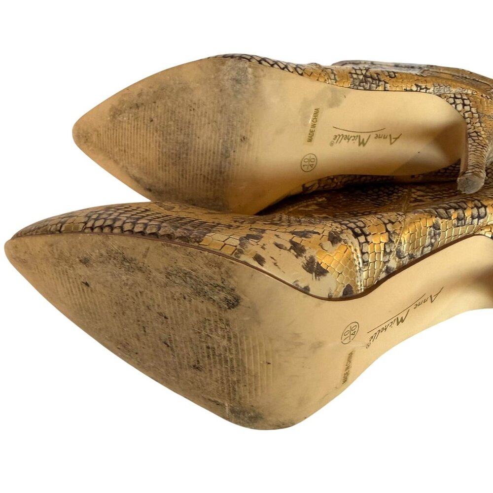 Anne Michelle Snakeskin Print Pointed Ankle Boots 10 High Heel Metallic Gold Tan - Picture 7 of 7
